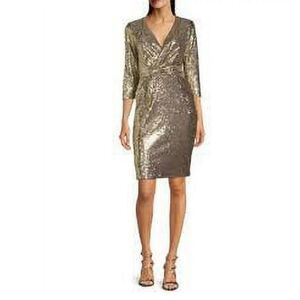 CALVIN KLEIN Women’s V Neck Faux Wrap Sequin 3/4 Sleeve Mini Dress